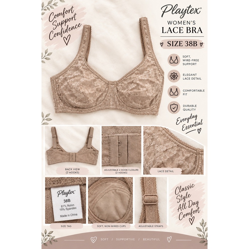 Playtex Women's Beige Nude Wireless Bra Size 38B Full Coverage Wire Free